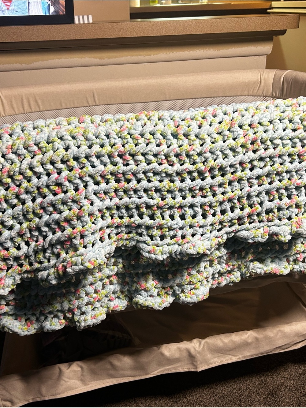 Handmade Chunky Crochet Baby Blanket - Pastel Blue with Multicolor Speckles